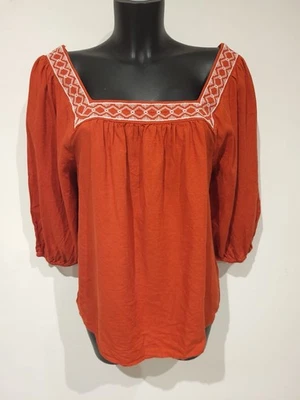 M&S Size 14 Beautiful Orange Cool Crisp Linen Blend Top Bohemian Holiday Top - Image 1 of 4