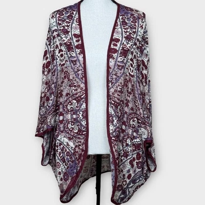 Plumero Kimono Estampado Floral Cachemira J. Jill Frente Abierto S-L Púrpura Borgoña Foto 1 de 4