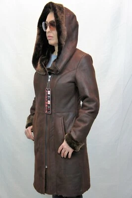 Whisky envejecido REAL 100% PIEL DE OVEJA GENUINA Cuero de oveja Abrigo largo Capucha XS-6XL Foto 1 de 4