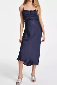 Abito donna ASTR slip taglia XS Zola seta corpetto fumè lunghezza media blu navy NUOVO - Foto 1 di 11