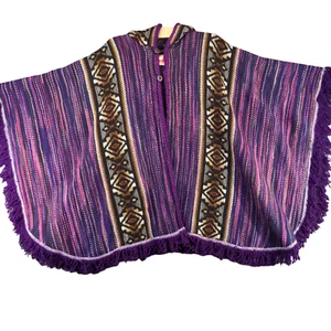 Milmarte Women's Hooded Poncho Multi Striped Aztec Fringe 100% Wool Made Ecuador - Picture 1 of 11