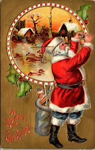 MERRY CHRISTMAS - SANTA DECORATES - 1910 - EMBOSSED HOLIDAY POSTCARD - Picture 1 of 2