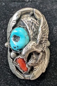 Vintage Navajo Sterling Silver Eagle Turq. & Coral Men's Ring size 9 - Picture 1 of 4