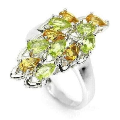 Silver Ring Citrine Peridot Genuine Natural Gems Solid Sterling Size R 1/2 US 9 - Image 1 of 4