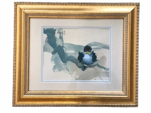 Pintura acuarela vintage paisaje pájaro en rama artista chino asiático firmado - Imagen 1 de 5