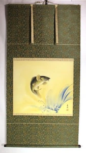 HANGING SCROLL KAKEJIKU 掛軸 : Jumping Koi Fish Painting by Keiichirou #266 - Picture 1 of 10