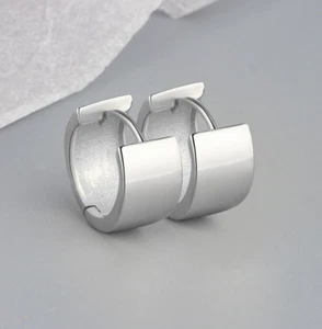 316L Stainless Steel 7mm Wide Band Silver Hoop Huggie Earrings Men Women 7x9mm - Picture 1 of 3