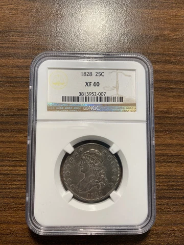 1828-P Capped Bust Silver Quarter 25C NGC EXTRA FINE 40 XF 40 Type 1, Large Size Cover
