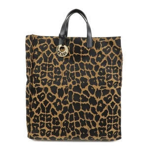FENDI Leopard Canvas Leather Tote Bag Hand Bag Brown Black 8BH173 Auth Used F/S - Picture 1 of 23