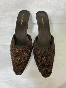Vintage Elegance Beaded Brown Kitten Heels Pointed Toe Open Back UK 7 Slip On - Picture 1 of 8