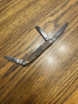 复古 20 世纪 50 年代 Stag 手柄 3 刀折叠口袋刀高碳钢 — 第 1/4 张图片