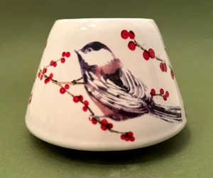 Winter Theme Ceramic Candle Jar Shade with Berries and Birds on a White Backing - Picture 1 of 8