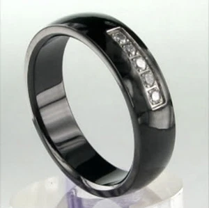 Black Plated Highly Polished TITANIUM RING with Round CZ Accents, size 11 - Picture 1 of 5
