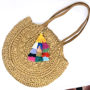 Bolso de Verano CoCopeanut Beige Tejido Paja Redondo Palomino Borlas Coloridas - Imagen 1 de 7