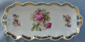 Antique P.K. SILISIA Porcelain Oblong Serving Dish Hand Painted Roses Gold Trim - Picture 1 of 12