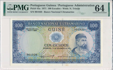 Banco Nacional Ultramarino Portuguese Guinea  100 Escudos 1971  PMG  64 Cover