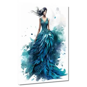Abstrakt elegante Frau im Pfauenkleid Leinwandbild Wandbild XL Wanddeko - Bild 1 von 7