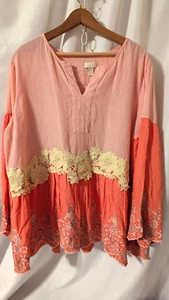 LOGO Lavish Top Womens Size L Tunic Embroidered Floral Lace Ruffle Boho Salmon - Picture 1 of 13