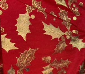 Unbranded Red Organza Fabric Gold Print Glitter Christmas Holly 64" x 45" - Picture 1 of 5