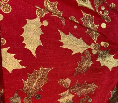 Unbranded Red Organza Fabric Gold Print Glitter Christmas Holly 64" x 45" - Image 1 of 4
