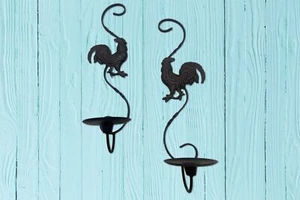 Vintage Metal Roosters Sconce Pair Wall Candle Holders Sconce Set French Country - Picture 1 of 7