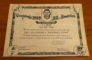 E.J. Holub 1959 Graysons NEA All America Football Team All American Zertifikat - Bild 1 von 7