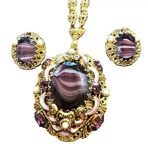 West Germany Purple Slag Glass Necklace and Earrings Faux Pearls Statement Piece - Picture 1 of 4