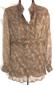 NY City 100% Silk Tunic Top S Brown Leopard Mandarin V-Neck Sequins Ruffles glam - Picture 1 of 5