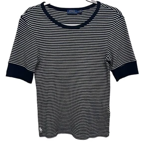 Polo Ralph Lauren Shirt M Cotton Short Sleeve Round Neck Black/White Stripe - Picture 1 of 9