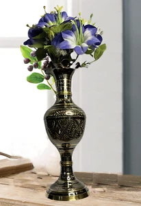 Vintage Engraved Gold/Black Flower Brass Vase,Traditional Turkish Vase for decor - Picture 1 of 7