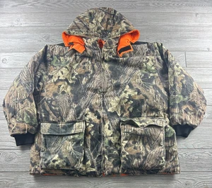 Cappotto Cabelas piumino d'oca caccia reversibile 2XL mimetico sicurezza arancione puffer con cappuccio - Foto 1 di 9