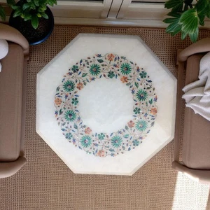 15" White Marble Inlay Multi Stone Octagon Coffee Table Top Modern Garden Decors - Picture 1 of 8