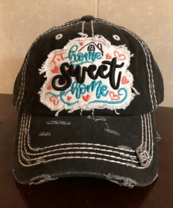 Women's Cap "HOME SWEET HOME" Embroidery Frayed Patch - Distressed Canvas BLACK - Picture 1 of 6