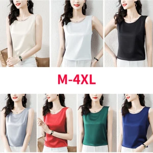 Women Satin Faux Silk Vest Tank Tops Sleeveless Shirts Basic Cami Waistcoat - Picture 1 of 18