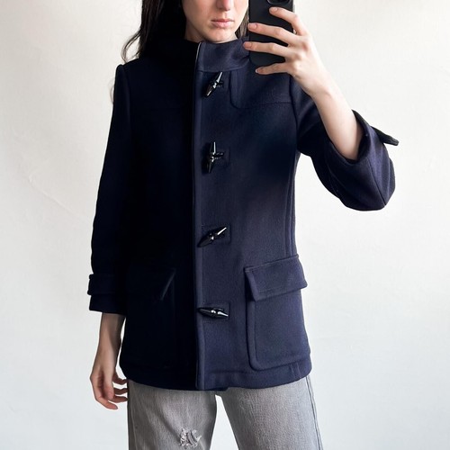 Cappotto Prada Sport vintage 2011 blu navy lana toggle davanti con cappuccio 38