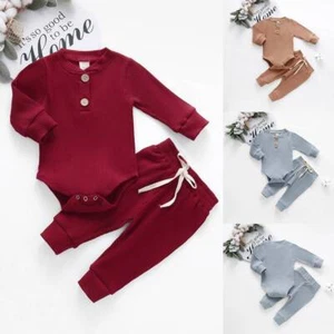 2PCS Newborn Baby Boys Girls Long Sleeve Romper Tops Pants Set Outfit Clothes - Picture 1 of 16
