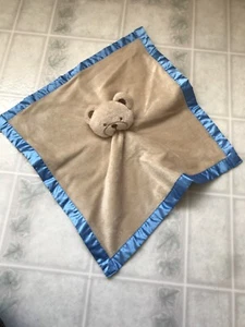 Security Blanket Baby Essentials Tan Teddy Bear Blue Satin Edged & Backed Lovey  - Picture 1 of 4