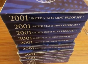 2001 Proof Set 10 Sets U. S. Mint 10 -coin Sets 5 Quarters + 5 coins  COA - Picture 1 of 3