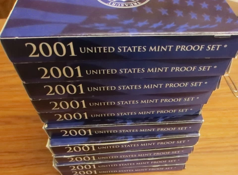 2001 Proof Set 10 Sets Wholesale U. S. Mint 14 coin Sets Quarters President COA Cover