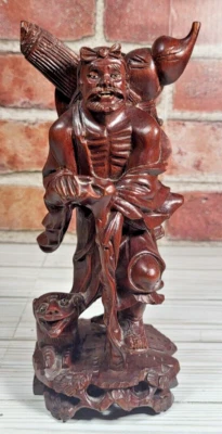 ANTIQUE CHINESE Japanese HAND CARVED WOOD SCULPTURE HUNTER COLLECTIBLE 8.5" - Image 1 of 4