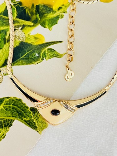 Christian Dior Vintage 1980 Ciondolo Triangolo Grande Beige Nero Cristallo Collana