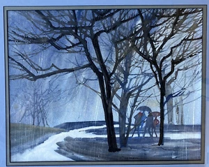 Watercolor Painting Edward Jagman Walk In the Rain Professionally Framed 19"x22" - Picture 1 of 9