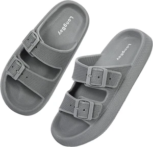 Women Men Double Buckle Adjustable EVA Slide Slippers Cloud Pillow Sandals - Picture 1 of 12
