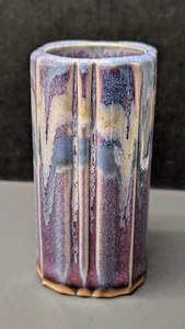 Vintage Bay Pottery Vase Scalloped Sides Controlled Drip Glaze USA Signed 4.5”H - Picture 1 of 6