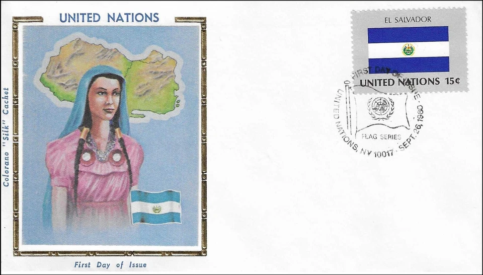 El Salvador National Costume Dress Flag Map UN Gold Folio Silk FDC Cachet 1980 - Image 1 of 1