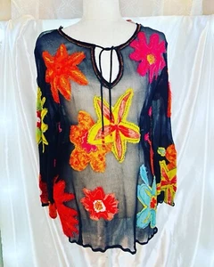 Chico's 100% Silk Beachy Floral Print Sheer Long Sleeve Tunic Size L Boho Artsy - Picture 1 of 5