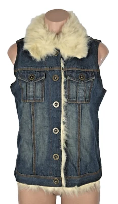 Chaleco Denim Azul Asfalto Oscuro Imitación Piel Ribete Nylon Interior De Colección Años 90 y2k Grunge M Foto 1 de 4