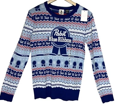 Pabst Blue Ribbon Sweater Mens Size Small Blue Red White Knit PBR Logo NWT - Image 1 of 4