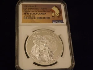 2023 $1 Oglala Lakota Sioux Nation Hanwi Sun Of Darkness NGC PF 70 - Imagen 1 de 2