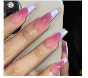 Chrome French Tip Press on Nails Long Square Fake Nails Glossy Hot Pink Coffin - Picture 1 of 3